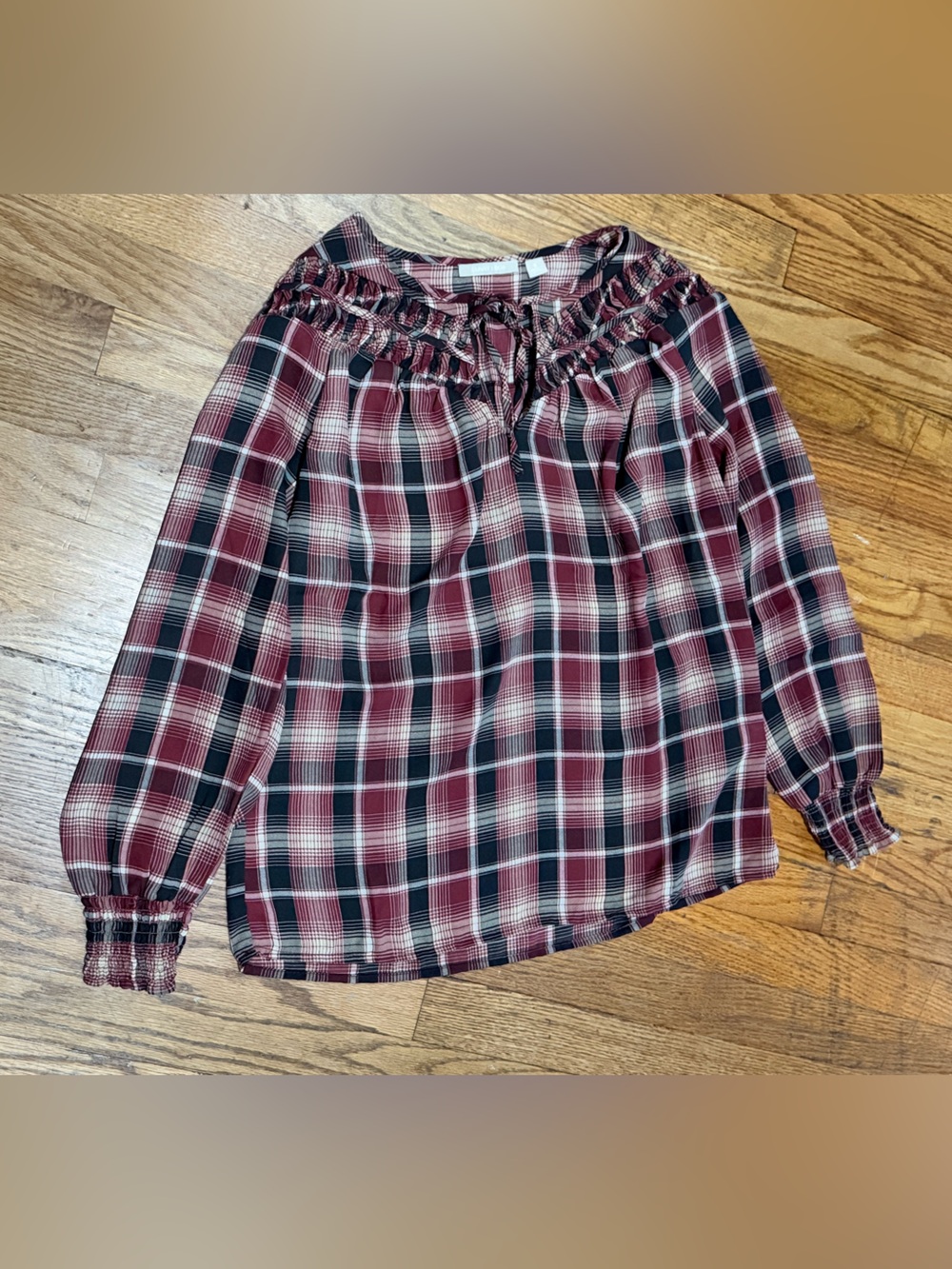 Sunny Leigh Plaid Tie Front Peasant Blouse in Burgundy and Black Size S